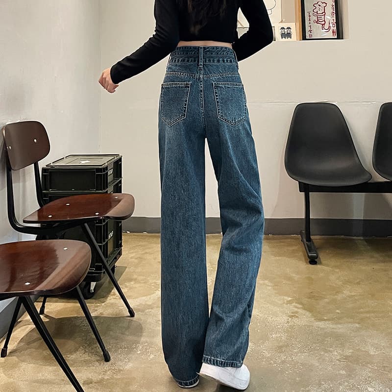 レディースワイドパンツ ハイウエストストレートデニムパンツ