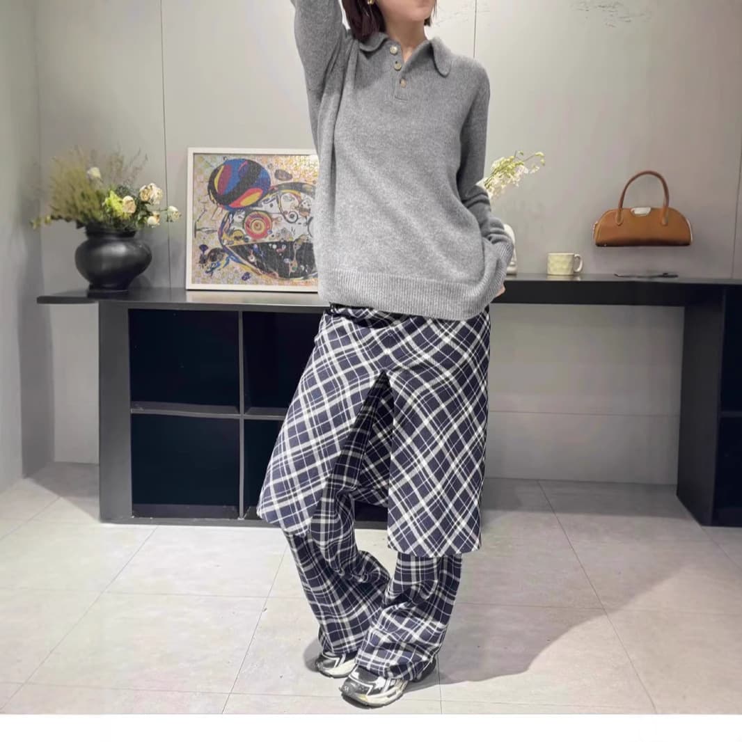 レディースワイドパンツ レトロ調格子柄ワイドパンツ