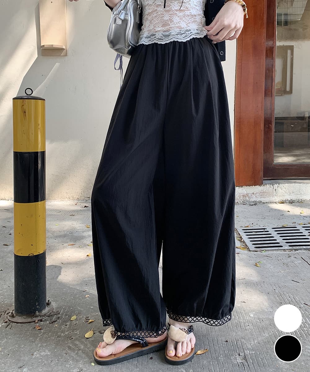 レディースワイドパンツ 裾レース付きバルーンワイドパンツ九分丈