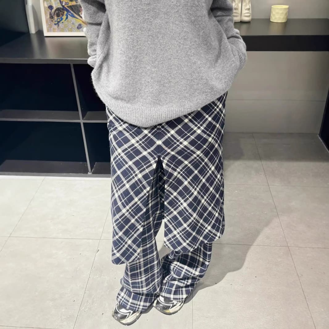 レディースワイドパンツ レトロ調格子柄ワイドパンツ