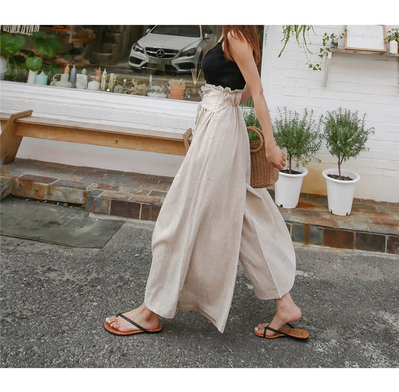 レディースワイドパンツ 大人かわいいハイウエスト綿麻ワイドパンツ美脚