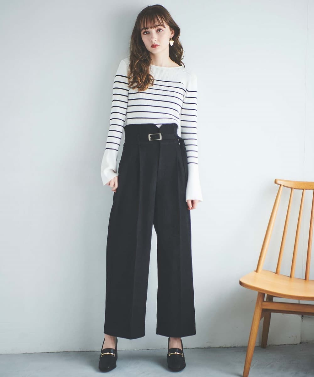 レディースワイドパンツ ウエストベルトタックワイドパンツ