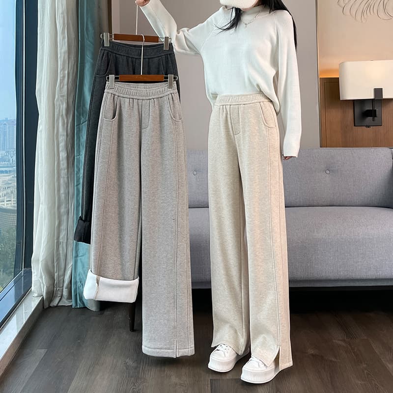 レディースワイドパンツ あったか楽ちんリブ裾ワイドパンツ