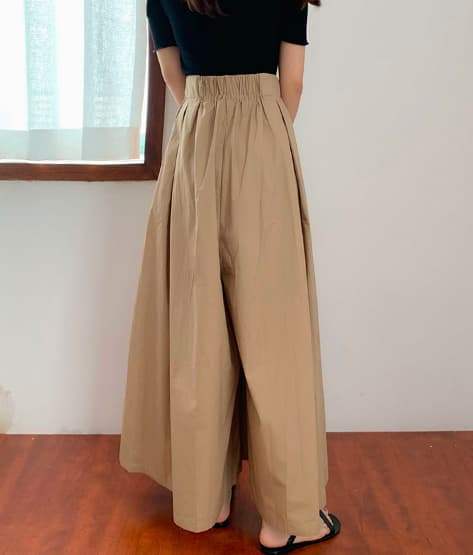 レディースワイドパンツ 春夏新作 麻混素材 ウエストゴム タックワイドパンツ