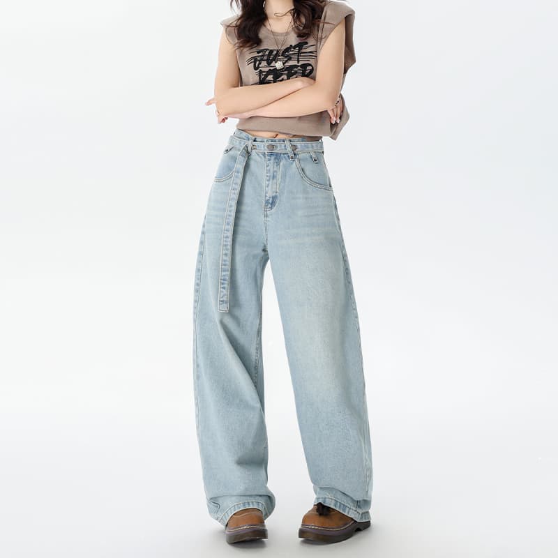 レディースワイドパンツ カジュアル風味ベルトループ超ゆったりパンツ