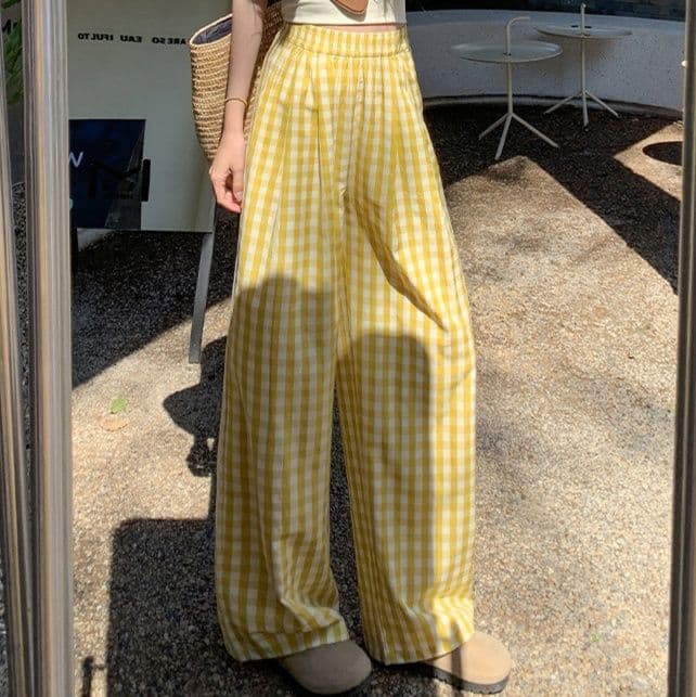 レディースワイドパンツ ギンガムチェックリラックスワイドパンツ