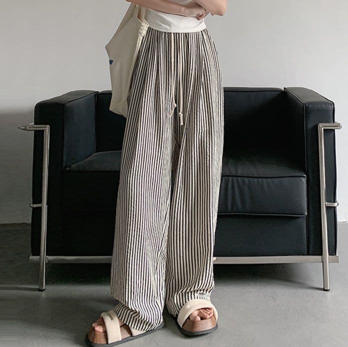 レディースワイドパンツ 縦縞ゆったりリラックスパンツ