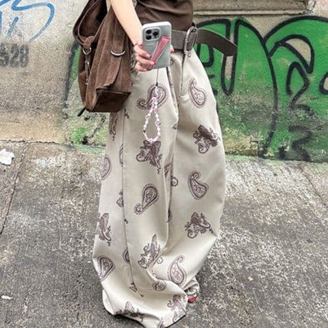レディースワイドパンツ ペイズリー柄ストレートワイドパンツ