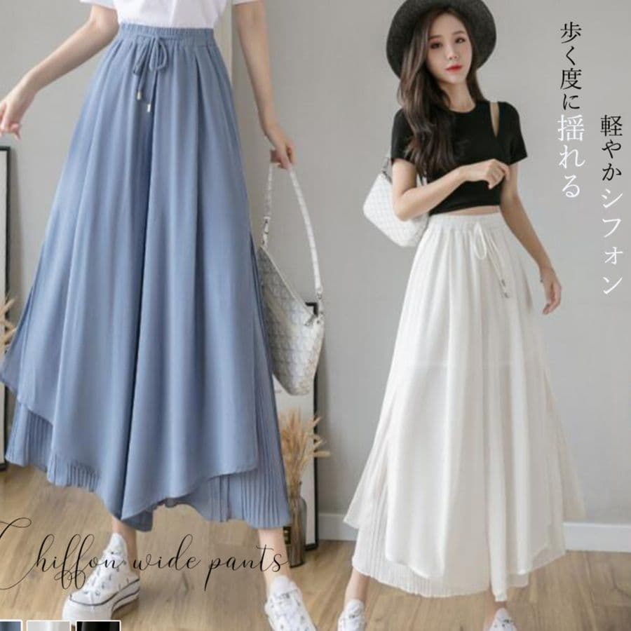 レディースワイドパンツ シフォン素材 揺れる裾 スカーチョ 春夏