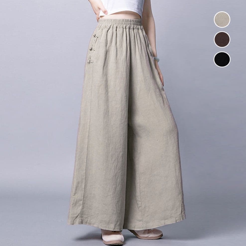 レディースワイドパンツ 綿麻素材 ゆったりスカーチョ ワイドパンツ