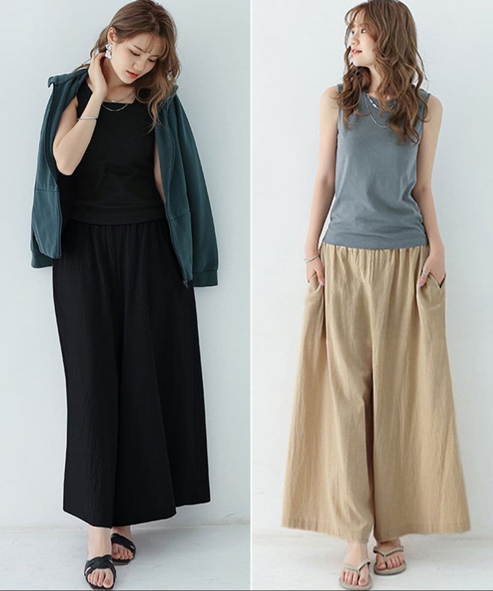レディースワイドパンツ ナチュラル素材 ゆったりスカーチョ