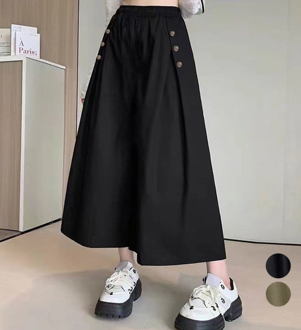 レディースワイドパンツ サイドボタン付き ハイウエストガウチョパンツ