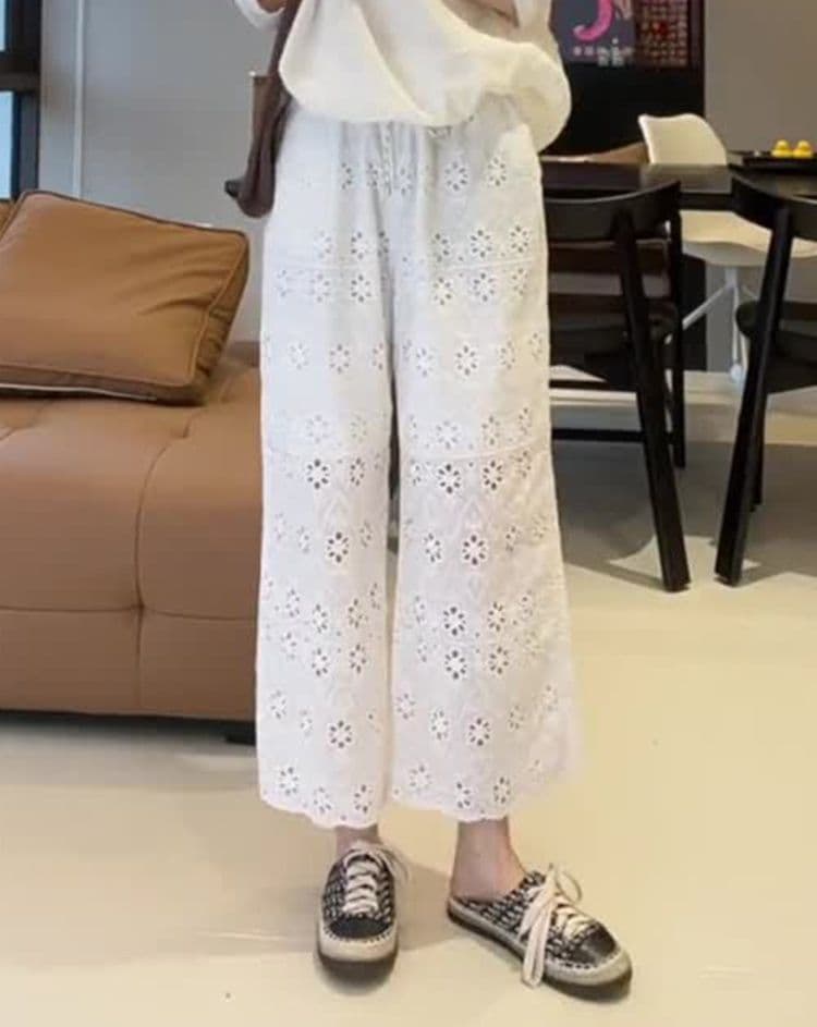 レディースワイドパンツ 花柄レース刺繍ワイドパンツ