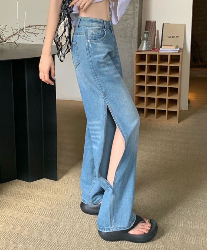 レディースワイドパンツ 韓国風 ハイウエスト デニムワイドパンツ 美脚スタイル