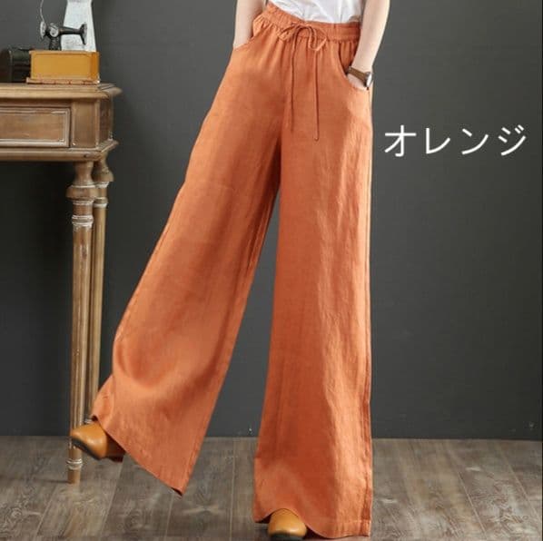 レディースワイドパンツ 綿麻混 ゆとりシルエット リネンワイドパンツ 全８色