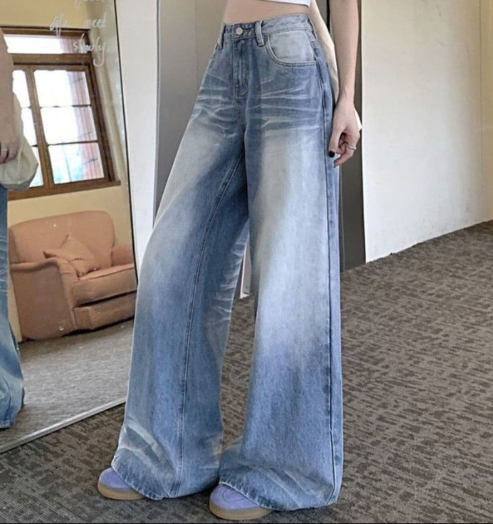レディースワイドパンツ 美脚効果 ヴィンテージ風デニムワイドパンツ