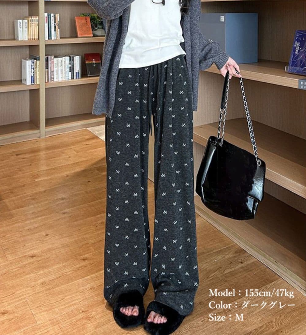 レディースワイドパンツ リボン柄 薄手スウェットワイドパンツ 韓国風
