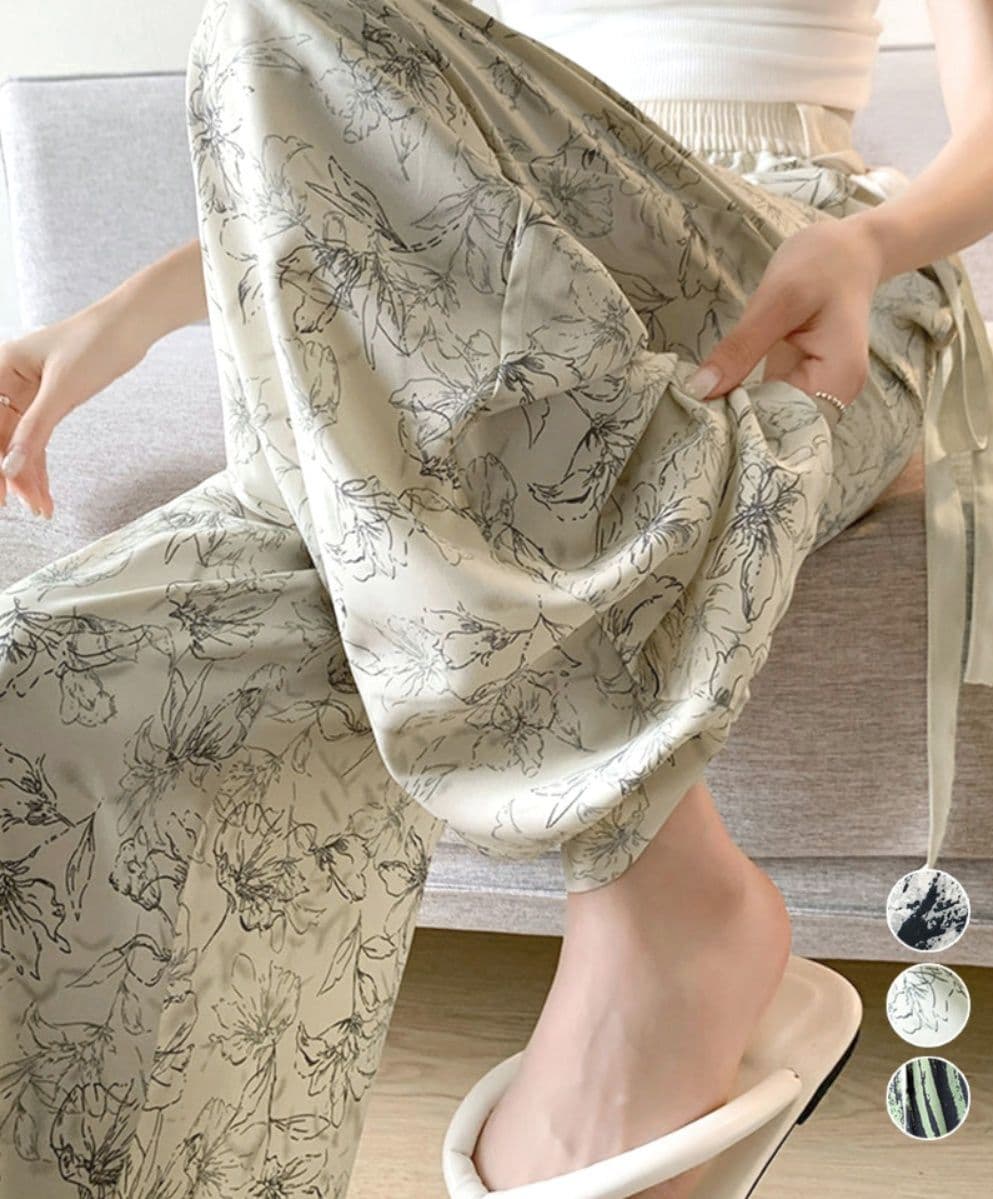レディースワイドパンツ 花柄ハイウエストワイドパンツ リボン付き