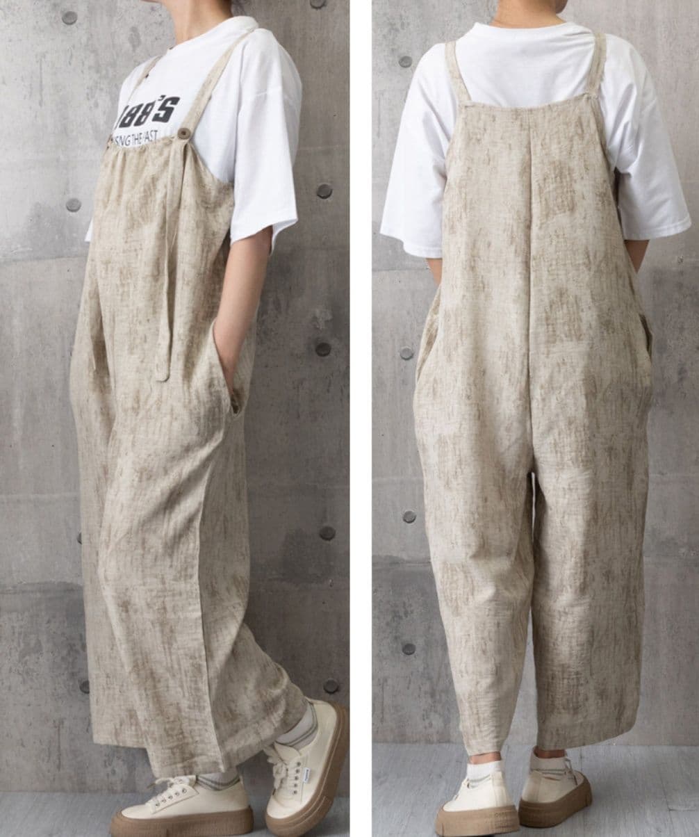 レディースワイドパンツ 夏用 リネン調 キャミサロペット ワイドパンツ 体型カバー アザーズ