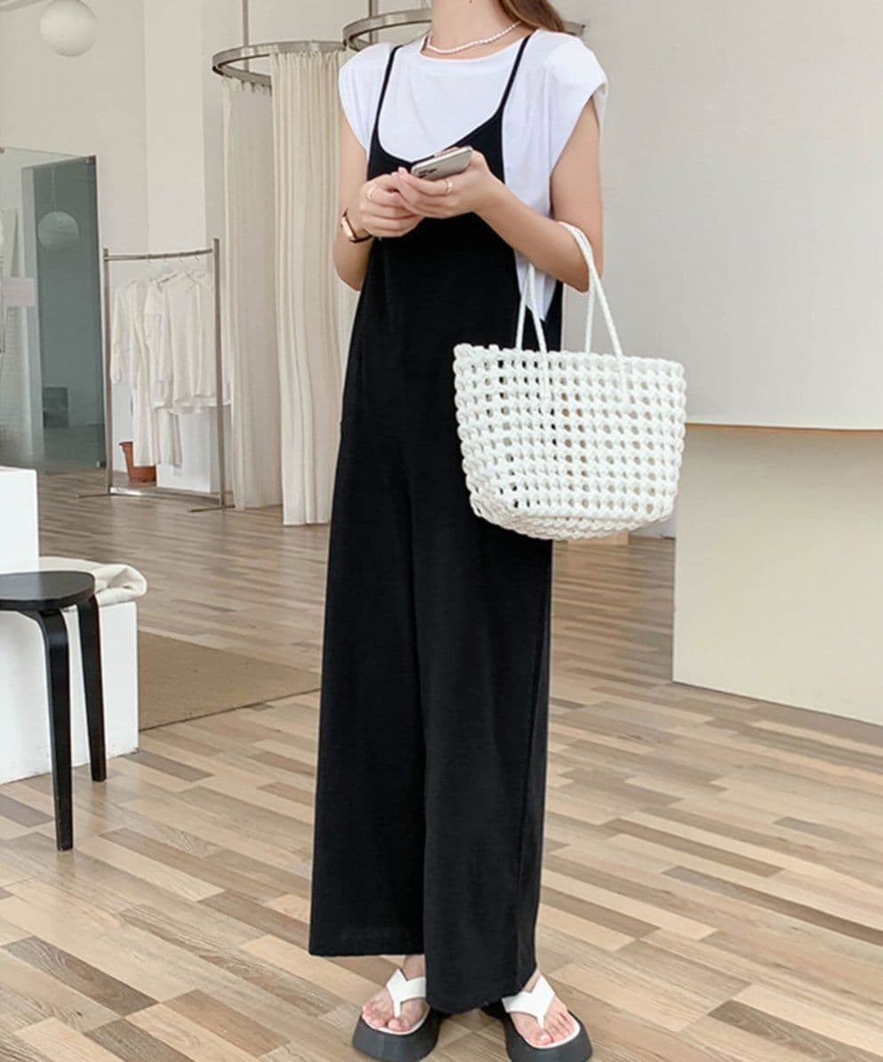 レディースワイドパンツ 韓国風 ゆったりサロペット ワイドパンツ
