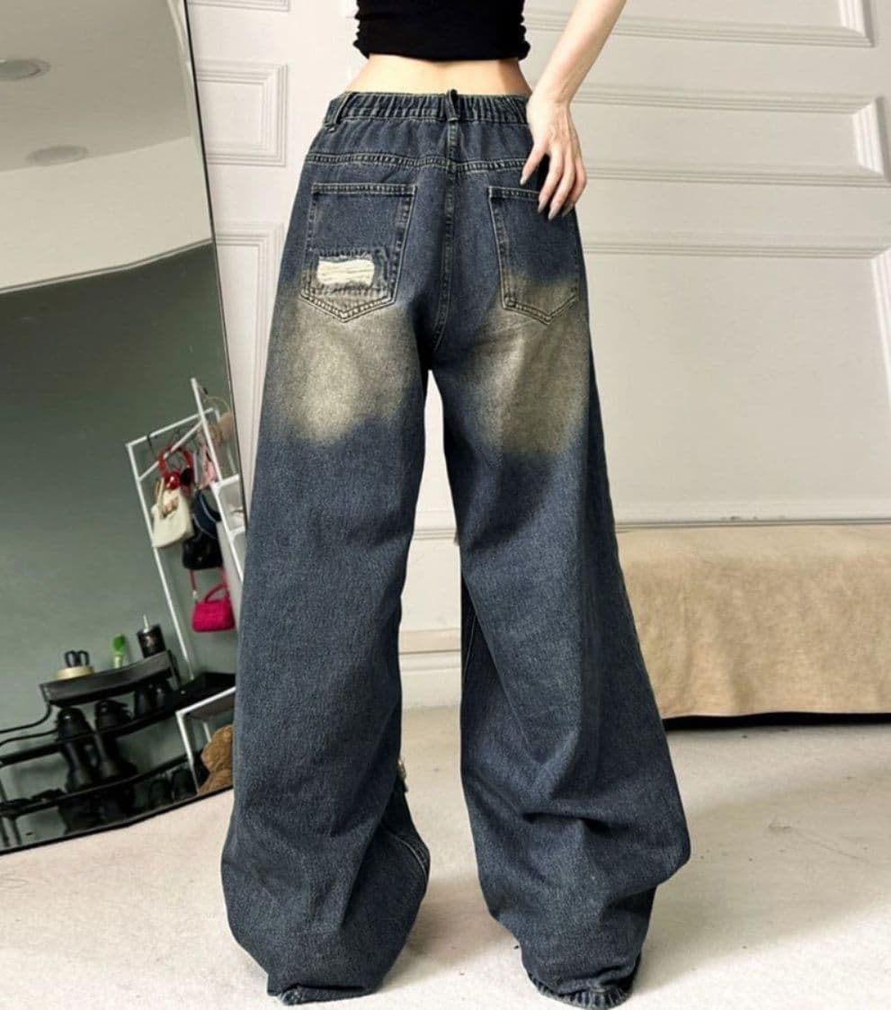 レディースワイドパンツ 大胆ダメージ加工デニムワイドパンツ古着風