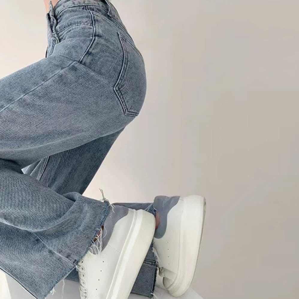 レディースワイドパンツ デニムハイウエストワイドパンツ四連ボタン