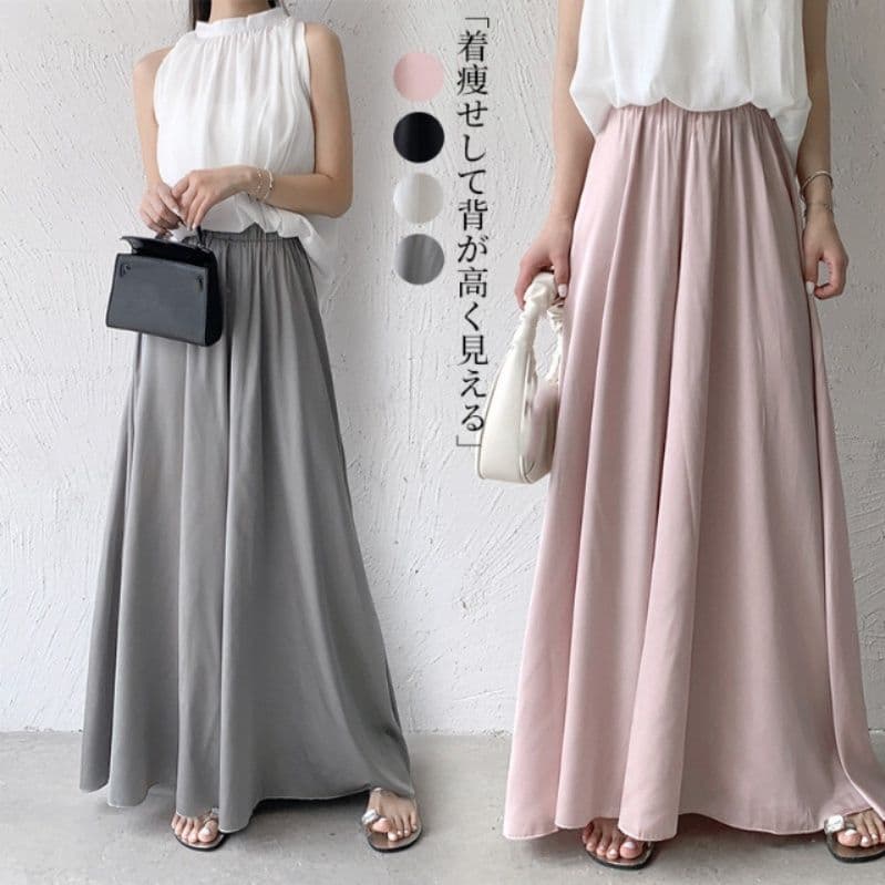 レディースワイドパンツ スカーチョ レディース サテン ワイドパンツ ウエストゴム きれいめ