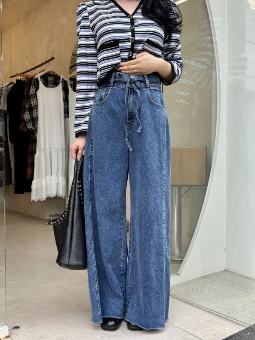 レディースワイドパンツ 2026年冬新作 ウエストベルト付きゆったりデニムワイドパンツ