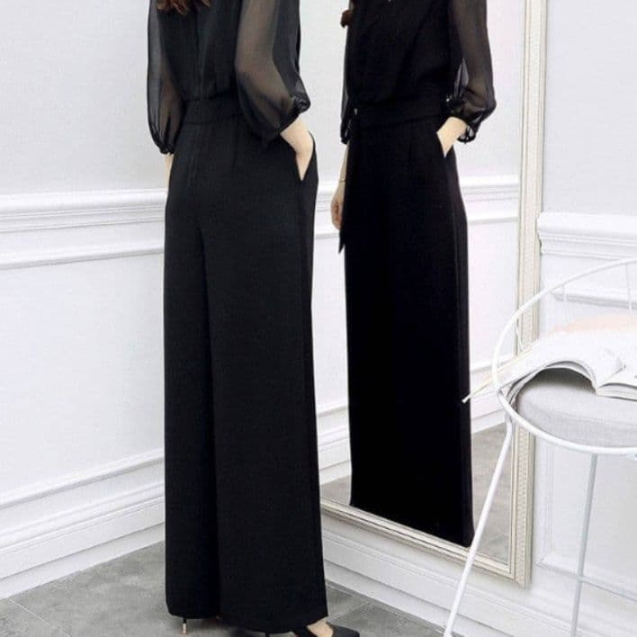 レディースワイドパンツ 黒パンツドレス 大きいサイズ対応 着痩せ効果 脚長シルエット