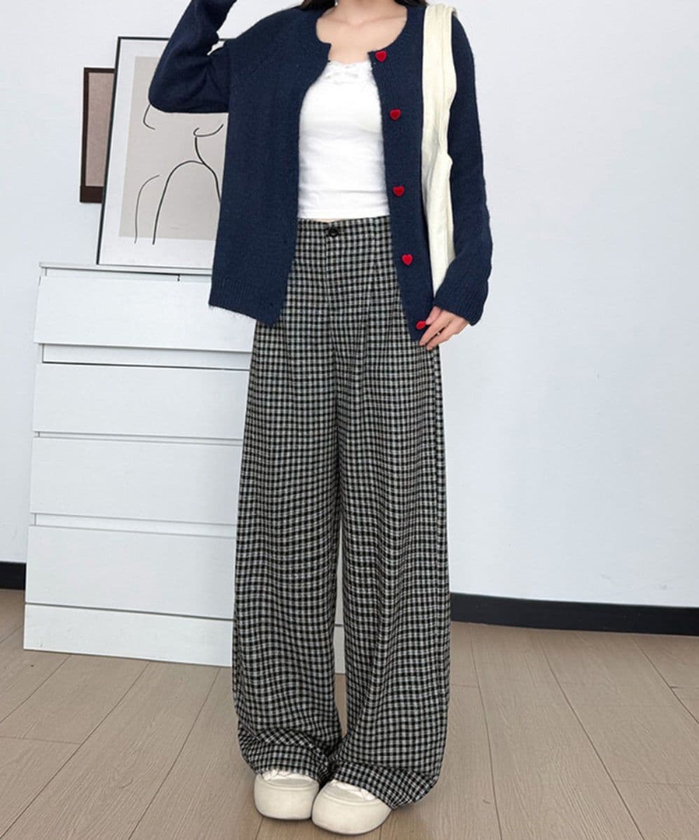 レディースワイドパンツ チェック柄ハイウエストワイドパンツ秋冬