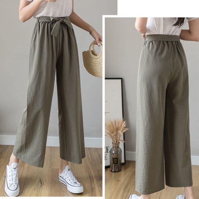 レディースワイドパンツ 大人可愛い綿麻ワイドパンツ リボン付き大きいサイズ対応