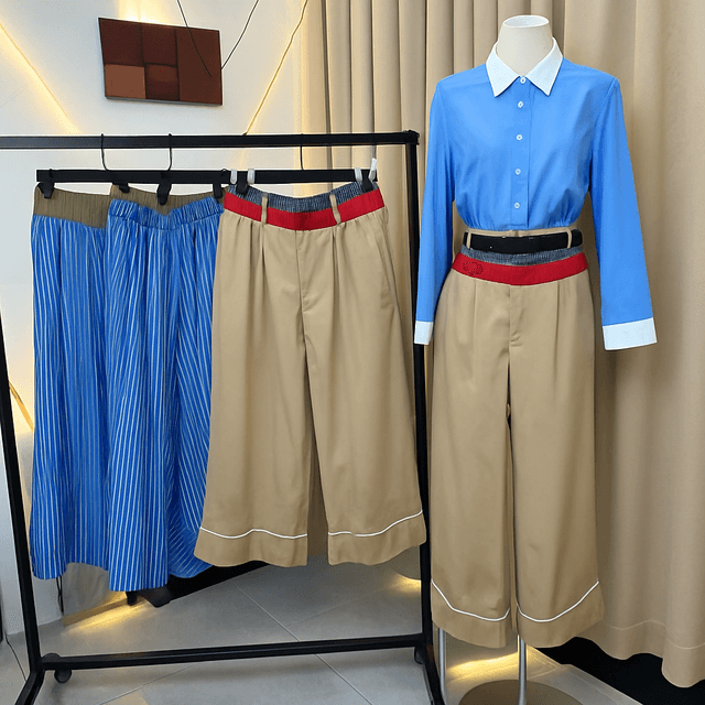 レディースワイドパンツ 配色切替デザインゆったりシルエットチノパンツ