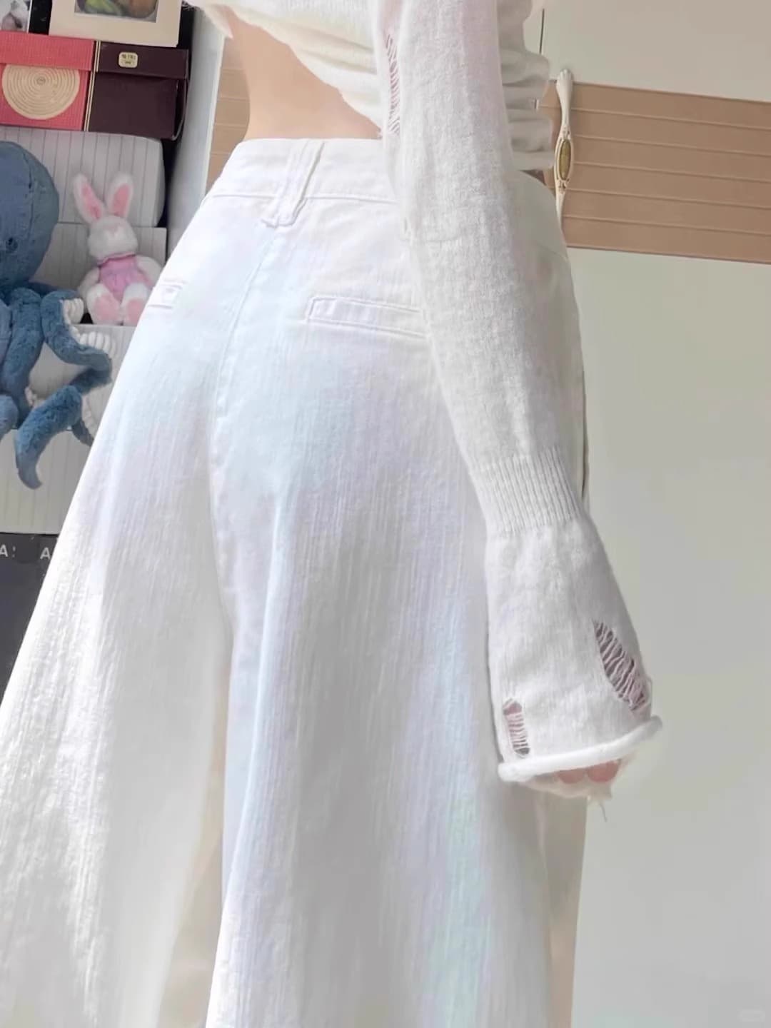 レディースワイドパンツ ゆとりラインストレートデニムワイドパンツ