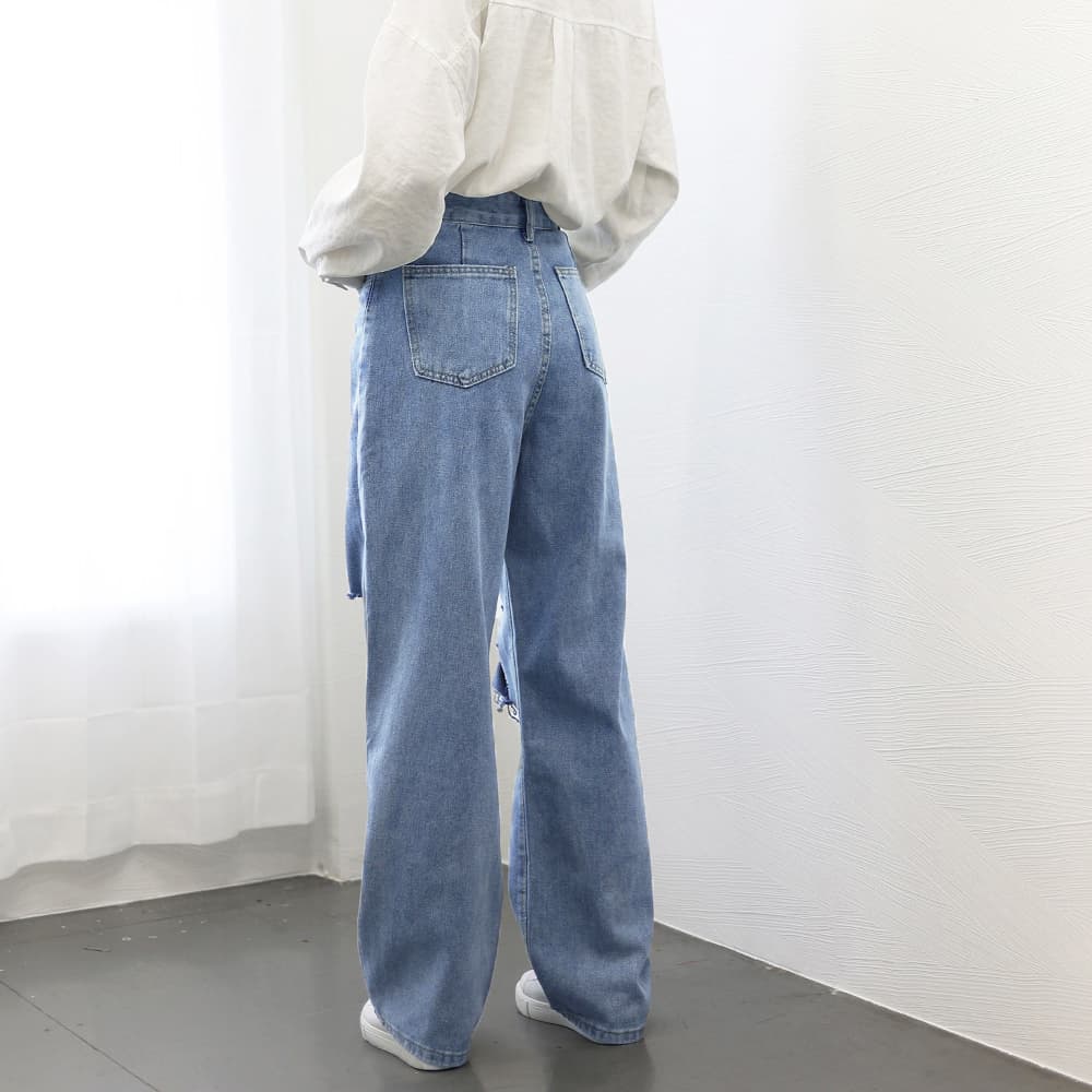 レディースワイドパンツ ハイウエスト美脚 ダメージデニムワイドパンツ