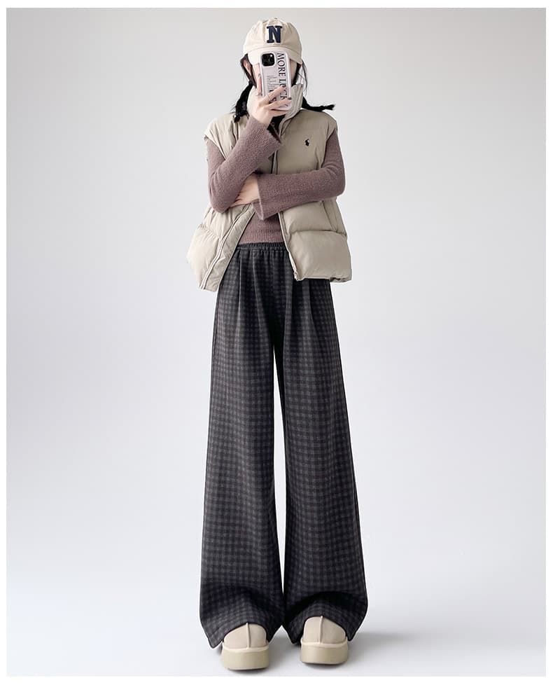 レディースワイドパンツ もこもこ起毛チェックワイドパンツ