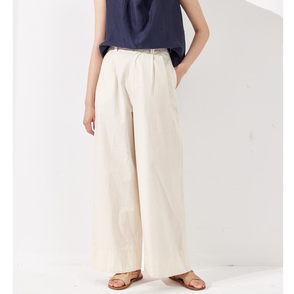 レディースワイドパンツ リネン混タックデザインワイドパンツ
