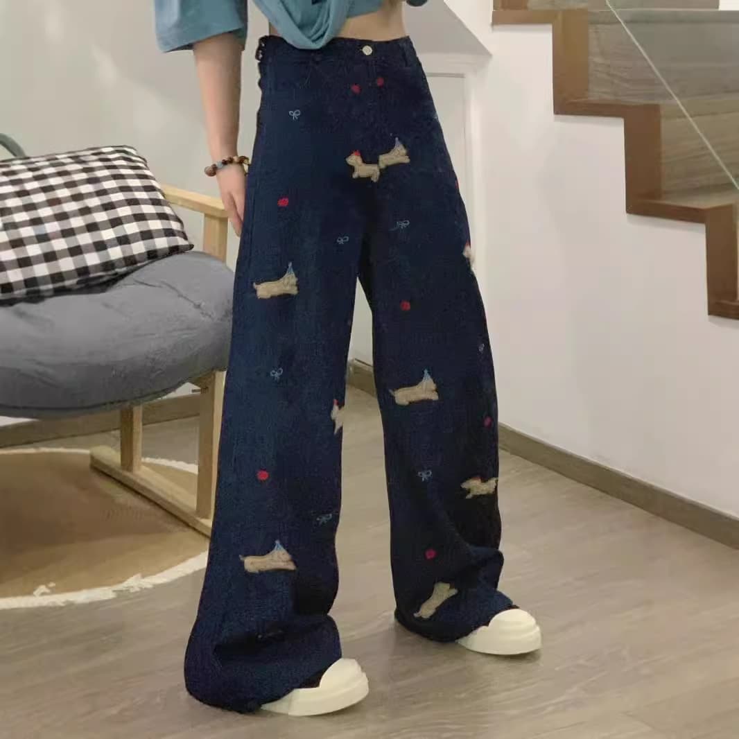 レディースワイドパンツ 犬柄刺繍入りデニムワイドパンツ