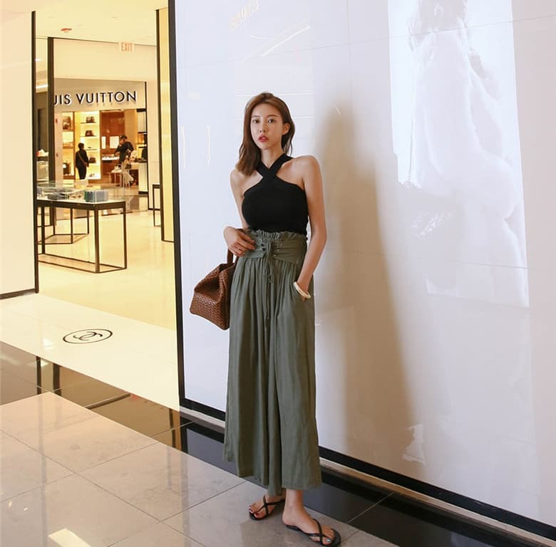 レディースワイドパンツ 大人かわいいハイウエスト綿麻ワイドパンツ美脚