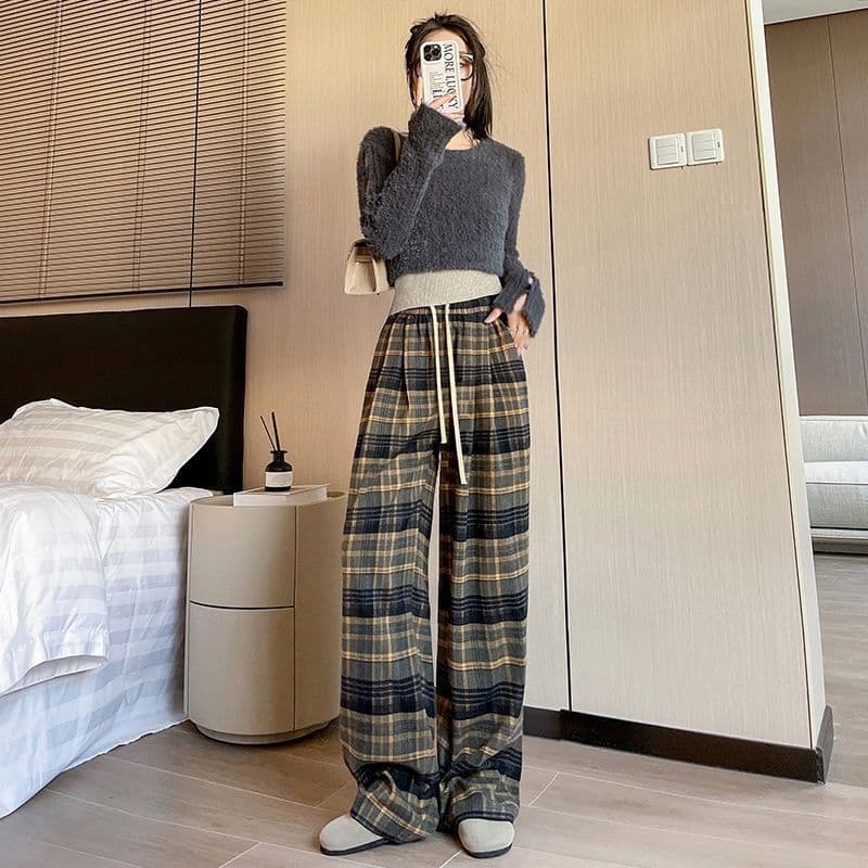 レディースワイドパンツ ゆったりチェックルームパンツ