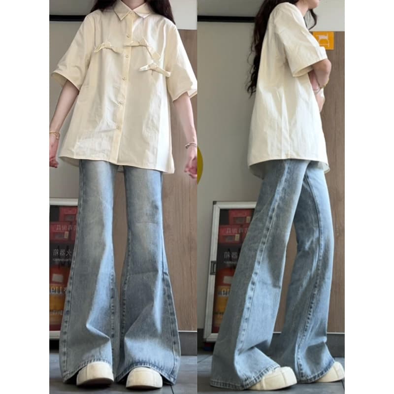 レディースワイドパンツ フレアシルエットロングデニム