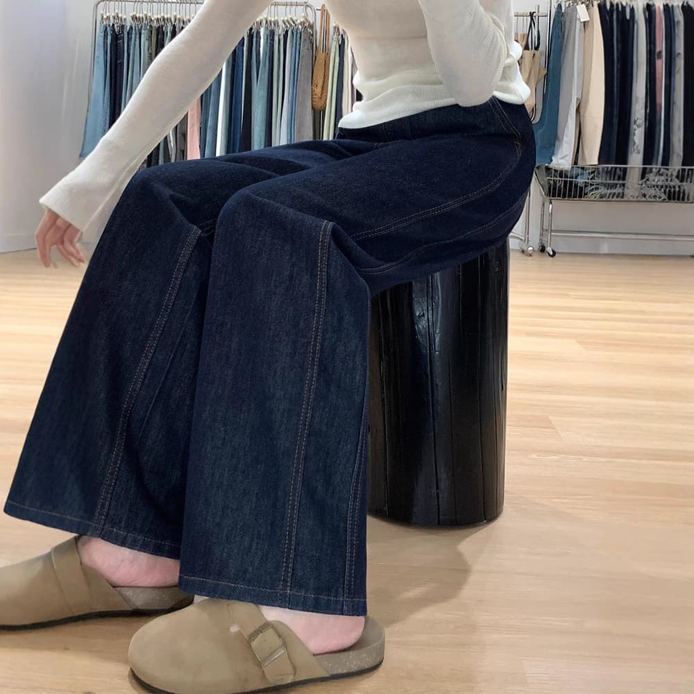 レディースワイドパンツ ゆったりワイドストレートデニムパンツ