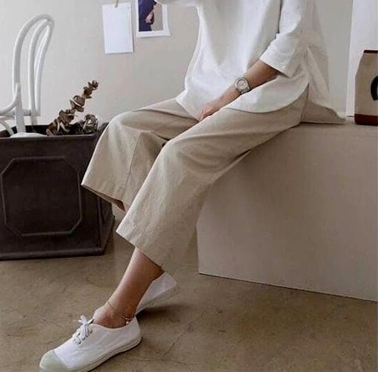 レディースワイドパンツ リネン素材九分丈ワイドパンツ体型カバー
