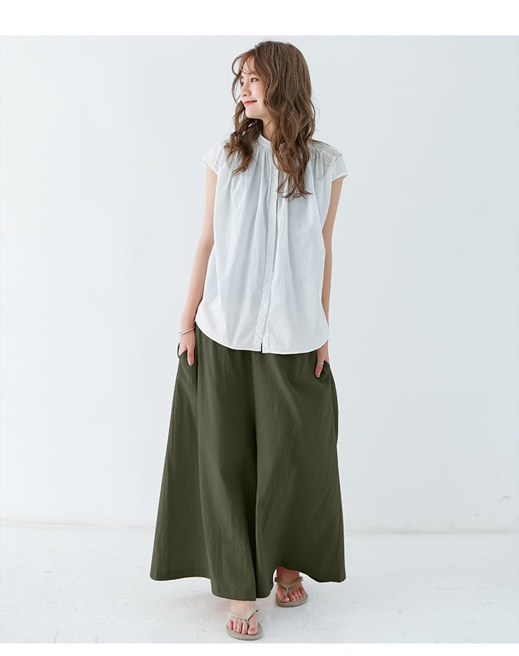 綿麻リネン レディースワイドパンツ ウエストゴム
