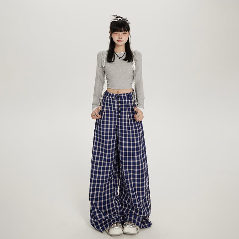 レディースワイドパンツ ゆったりチェックワイドパンツ