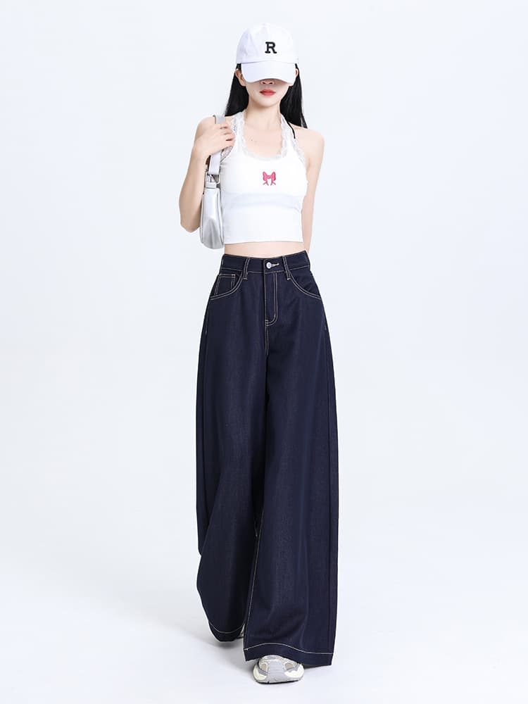 レディースワイドパンツ ハイウエスト ゆったりデニムパンツ