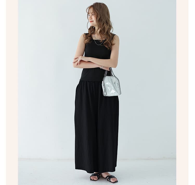 綿麻リネン レディースワイドパンツ ウエストゴム