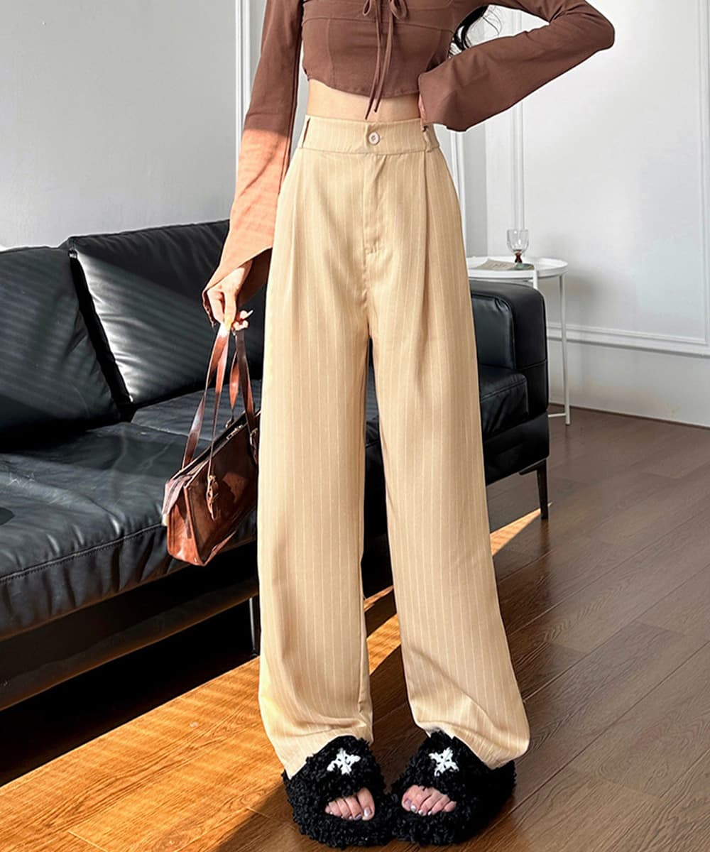 レディースワイドパンツ ストライプワイドパンツ春夏秋ロング美脚レディース