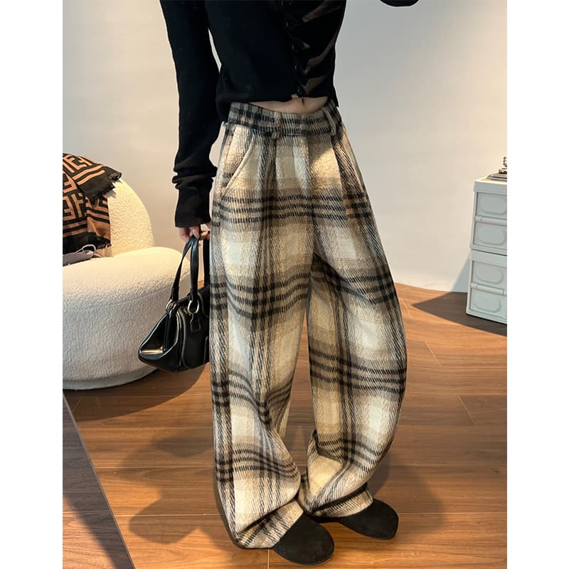 レディースワイドパンツ ウール混チェックワイドパンツ