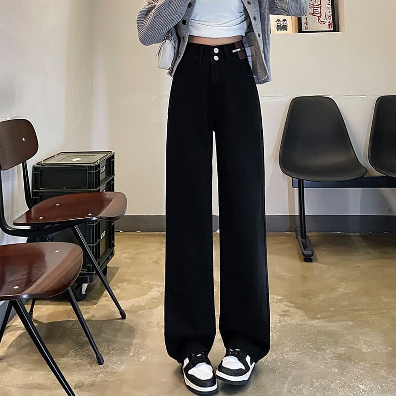 レディースワイドパンツ ハイウエストストレートデニムパンツ