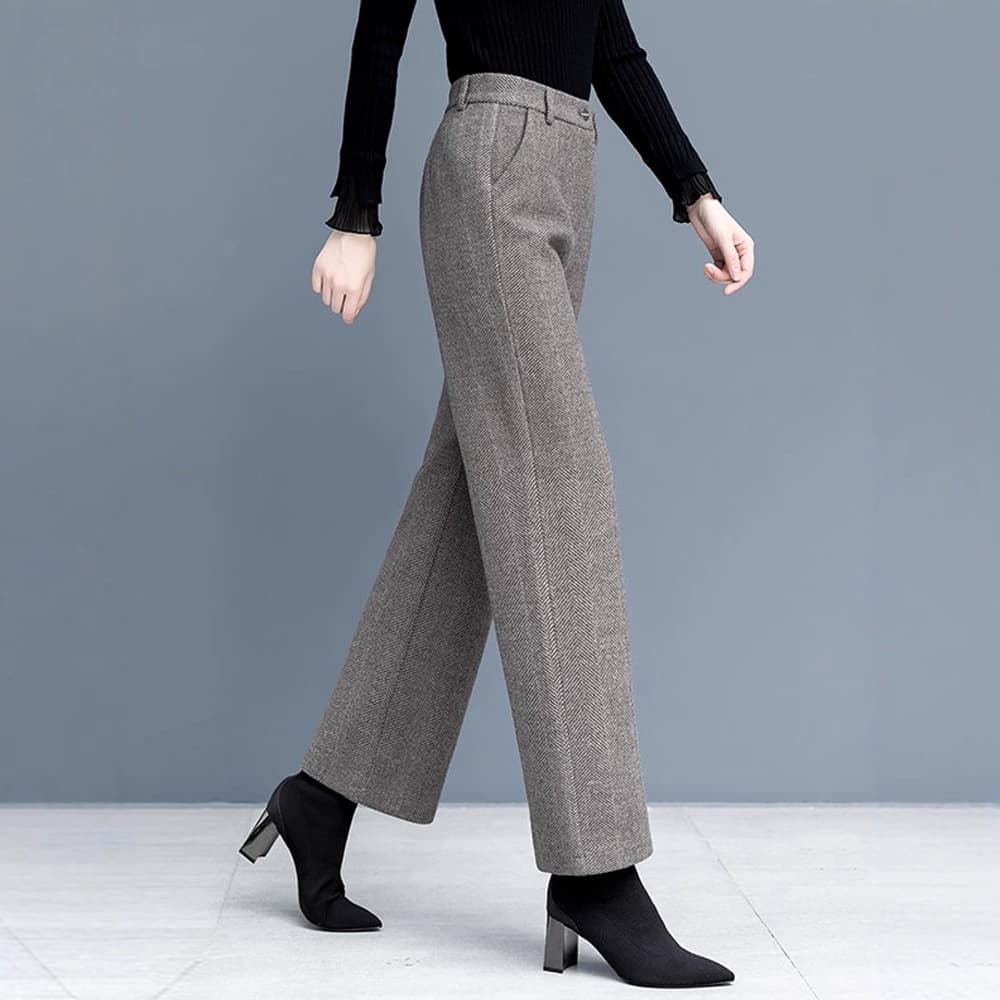 レディースワイドパンツ 上質ヘリンボーン柄ストレートワイドパンツ